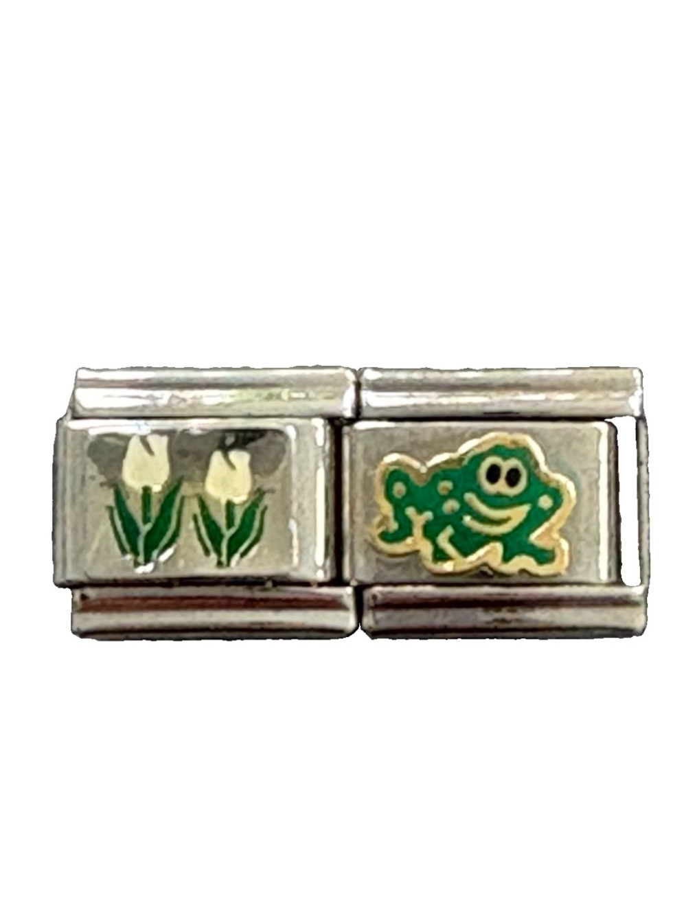 Silver Italian D’linQ Charm Links with Green Frog and White Tulip Designs